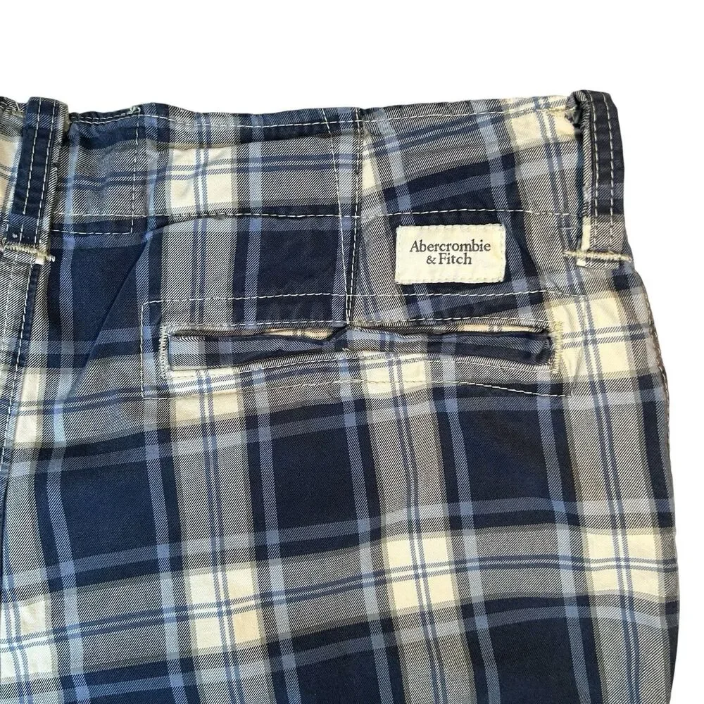 Abercrombie & Fitch Y2K Plaid Shorts Mens 36 Blue White Button Fly Cotton Grunge